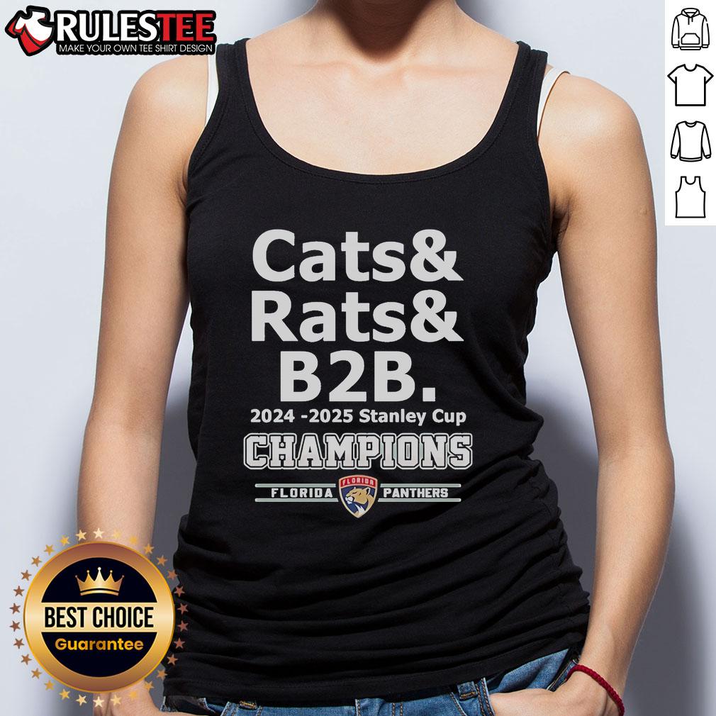 Official Cats & Rats B2B 2024-2025 Stanley Cup Champion Florida Panthers Tank Top Official Cats Rats B2B 2024-2025 Stanley Cup Champion Florida Panthers tank top featuring team logo and vibrant colors.