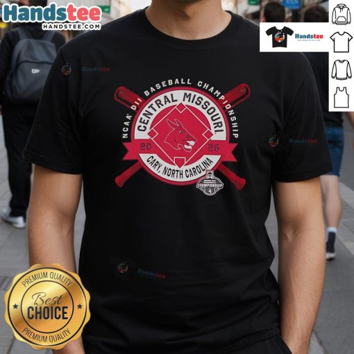 Official Central Missouri NCAA DII Baseball Championship 2025 T-shirt featuring vibrant graphics for fans in Cary, North Carolina.