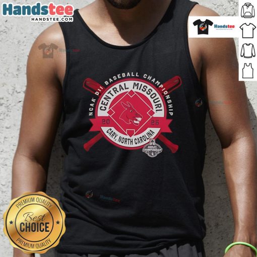 Official Central Missouri NCAA DII Baseball Championship tank top, 2025 design, Cary North Carolina sports apparel.