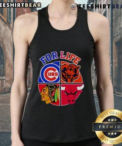 Official Chicago Cubs Bulls Bears Blackhawks For Life tank top featuring team logos and vibrant design.
