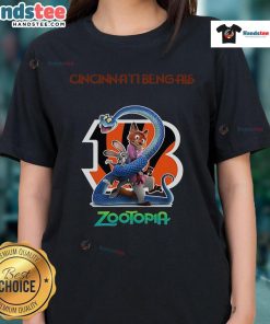 Alt Text: Official Cincinnati Bengals Zootopia 2 Ladies Tee featuring vibrant graphics and a stylish fit for female fans.