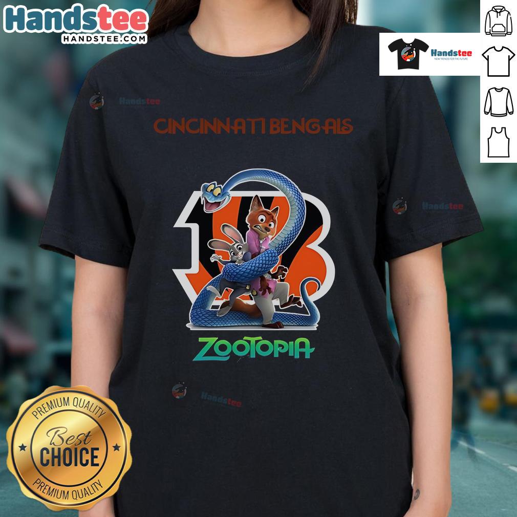 Official Cincinnati Bengals Zootopia 2 Ladies Tee Alt Text: Official Cincinnati Bengals Zootopia 2 Ladies Tee featuring vibrant graphics and a stylish fit for female fans.