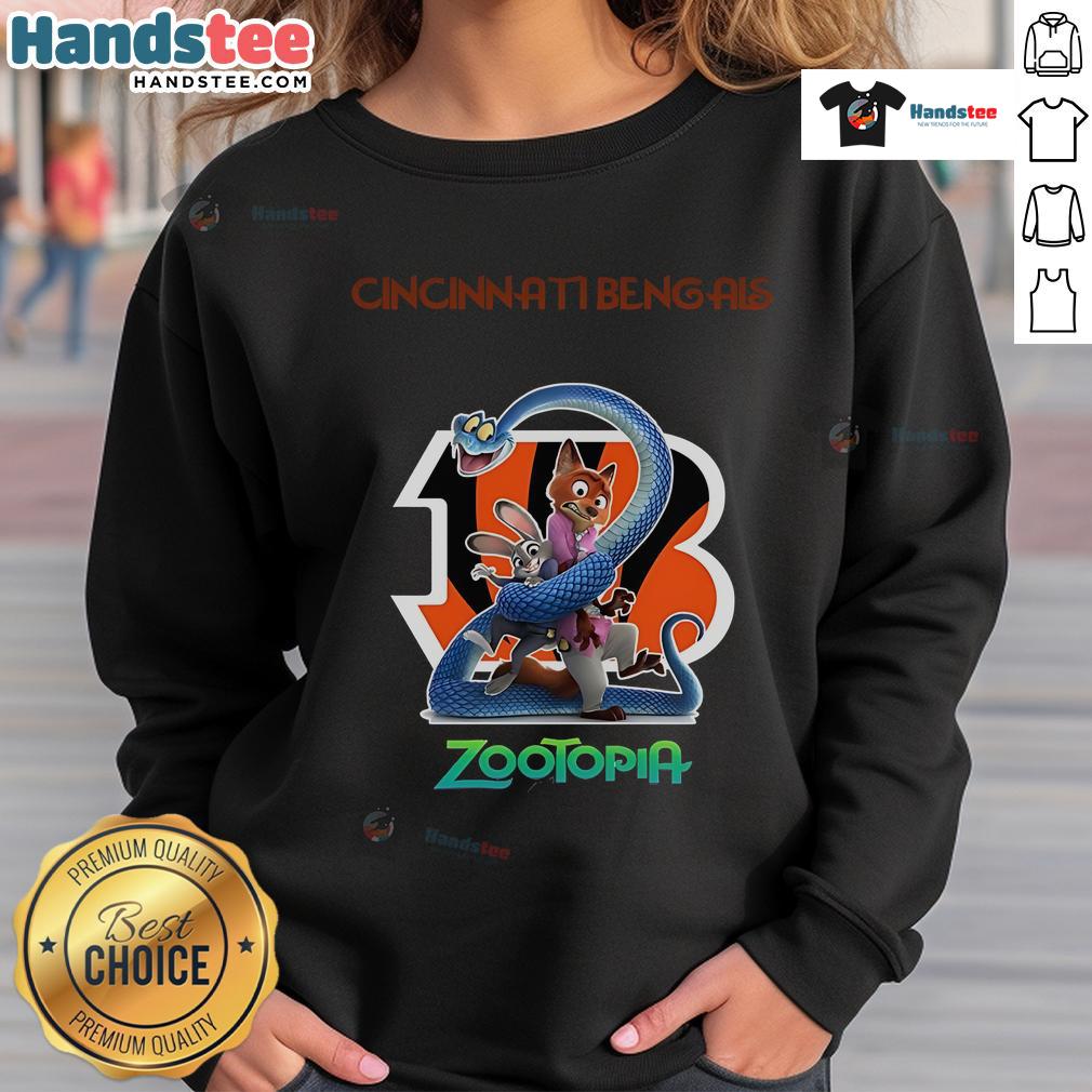 Official Cincinnati Bengals Zootopia 2 Sweatshirt Alt Text: Official Cincinnati Bengals Zootopia 2 sweatshirt featuring vibrant team colors and unique graphic design.