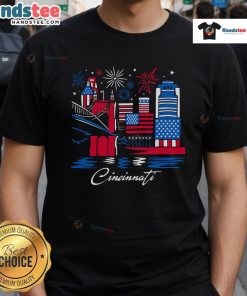 Alt Text: Official Cincinnati Downtown Stars And Stripes T-Shirt featuring a patriotic design perfect for local pride and celebrations.
