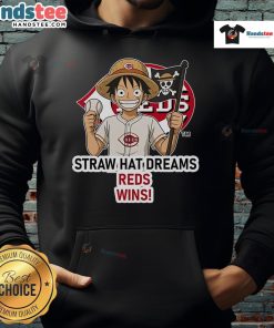 Official Cincinnati Reds Monkey D. Luffy Straw Hat Dreams Wins Hoodie featuring vibrant graphics and team colors.