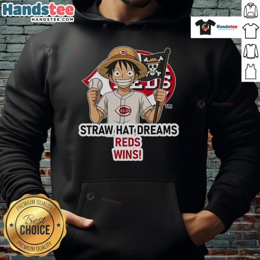 Official Cincinnati Reds Monkey D. Luffy Straw Hat Dreams Wins Hoodie featuring vibrant graphics and team colors.