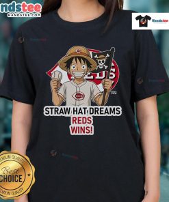 Official Cincinnati Reds Monkey D. Luffy Straw Hat Dreams Wins ladies tee featuring vibrant design and team logo.