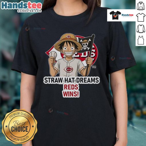 Official Cincinnati Reds Monkey D. Luffy Straw Hat Dreams Wins ladies tee featuring vibrant design and team logo.