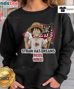 Official Cincinnati Reds Monkey D. Luffy Straw Hat Dreams Wins Sweatshirt featuring vibrant graphics and team colors.