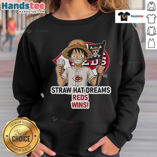 Official Cincinnati Reds Monkey D. Luffy Straw Hat Dreams Wins Sweatshirt featuring vibrant graphics and team colors.