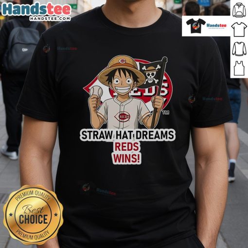 Official Cincinnati Reds Monkey D. Luffy Straw Hat Dreams T-Shirt featuring vibrant graphics and team logo.