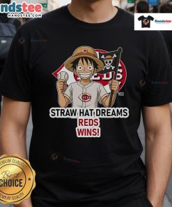 Official Cincinnati Reds Monkey D. Luffy Straw Hat Dreams T-Shirt featuring vibrant graphics and team logo.