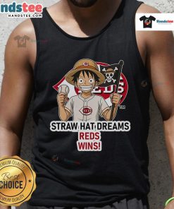 Official Cincinnati Reds Monkey D. Luffy Straw Hat Dreams Wins tank top featuring vibrant graphics and bold team colors.