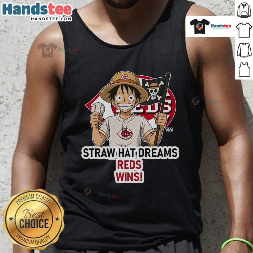 Official Cincinnati Reds Monkey D. Luffy Straw Hat Dreams Wins tank top featuring vibrant graphics and bold team colors.