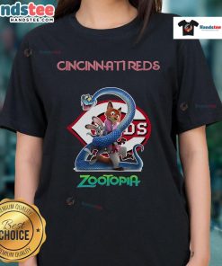 Alt Text: Official Cincinnati Reds Zootopia 2 ladies tee featuring vibrant graphics and a comfortable fit, perfect for fans.