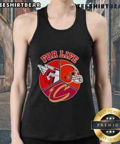 Official Cleveland Guardians, Browns, and Cavaliers For Life tank top featuring team logos and vibrant colors.