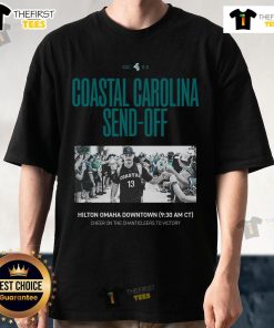 Official Coastal Carolina Send Off Cheer T-Shirt showcasing vibrant colors and Chanticleers logo for game day spirit.