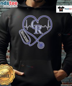Official Colorado Rockies Caring Hearts hoodie featuring nurse stethoscope and heartbeat design, perfect for healthcare fans.