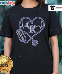 Official Colorado Rockies Caring Hearts Nurse Tee with stethoscope and heartbeat design for healthcare fans.
