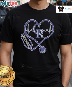 Official Colorado Rockies Caring Hearts Nurse T-Shirt featuring a stethoscope and heartbeat design, perfect for healthcare fans.