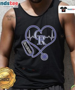 Official Colorado Rockies Caring Hearts nurse tank top featuring a stethoscope and heartbeat design, perfect for fans.