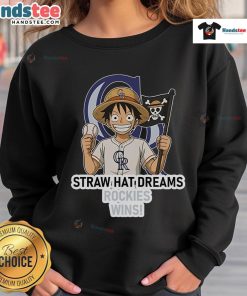 Official Colorado Rockies Monkey D. Luffy Straw Hat Dreams Wins Sweatshirt featuring vibrant anime-inspired design.