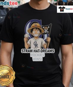 Alt Text: Official Colorado Rockies Monkey D. Luffy Straw Hat Dreams Wins T-Shirt featuring a vibrant design and team logo.