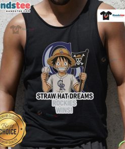 Alt Text: Official Colorado Rockies Monkey D. Luffy Straw Hat Dreams Wins tank top featuring vibrant graphics and team colors.