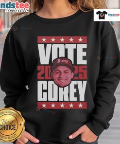Official Corey Seager 2025 Vote Sweatshirt featuring bold graphics and a comfortable design for fans and supporters.
