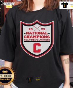Alt Text: Official Cornell Big Red 2025 NCAA Men's Lacrosse National Champions ladies tee in red, showcasing team pride.
