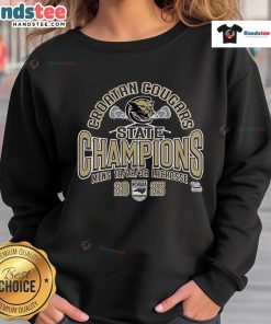 Official Croatan Cougars NCHSAA Men's Lacrosse 2025 State Champions sweatshirt showcasing team pride and victory.