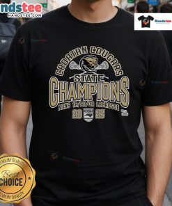 Official Croatan Cougars NCHSAA Men's Lacrosse 2025 State Champions T-Shirt featuring team logo and winning colors.