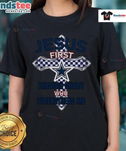 Official Dallas Cowboys ladies tee featuring 'Jesus First, Through Christ Who Strengthens Me' design for fans.