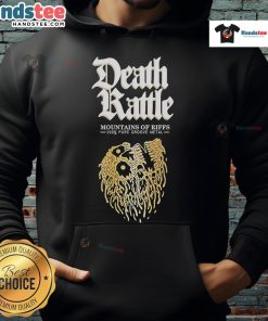 Official Death Rattle Mountains of Riffs Liquid Death hoodie featuring bold graphics and a stylish design for fans.