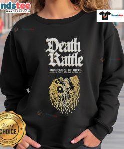 Official Death Rattle Mountains of Riffs Liquid Death Sweatshirt featuring bold graphics and a comfortable fit.