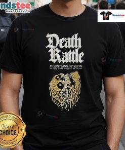 Official Death Rattle Mountains Of Riffs Liquid Death T-Shirt featuring bold graphics and a unique design for fans.