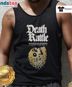 Alt Text: Official Death Rattle Mountains of Riffs Liquid Death tank top featuring bold graphics and a stylish design for fans.