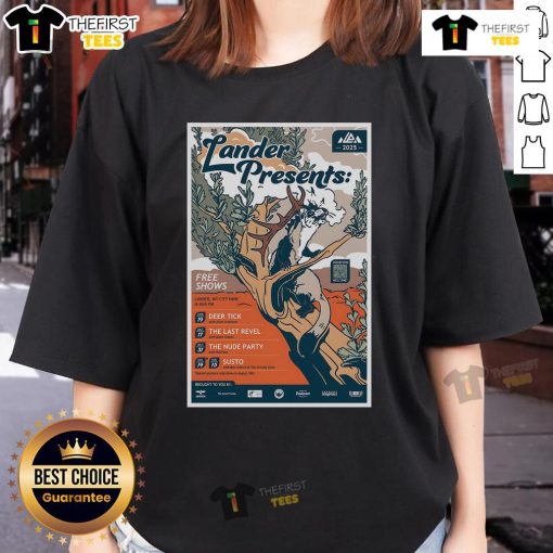 Official Deer Tick Lander Presents June 19, 2025 Ladies Tee featuring vibrant design and event details.