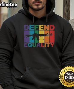 Official Defend Equality LGBT gay flag hoodie featuring an assault rifle design, promoting LGBTQ+ rights and unity.