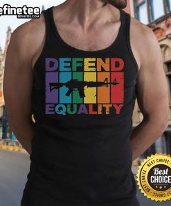 Official Defend Equality LGBT Gay Flag Tank Top featuring an assault rifle design, promoting LGBTQ+ rights and pride.