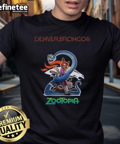 Official Denver Broncos Zootopia 2 T-Shirt featuring vibrant graphics and team logo, perfect for fans and collectors.