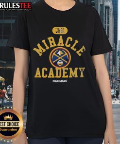 Alt Text: Official Denver Nuggets Miracle Academy NBA Collection Ladies Tee featuring vibrant team colors and logo design.