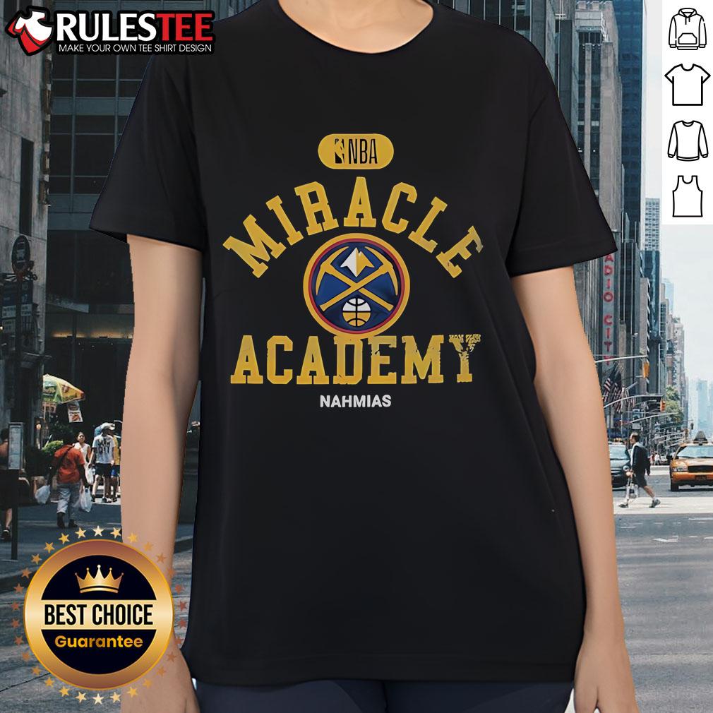 Official Denver Nuggets Miracle Academy Nba Collection Ladies Tee Alt Text: Official Denver Nuggets Miracle Academy NBA Collection Ladies Tee featuring vibrant team colors and logo design.