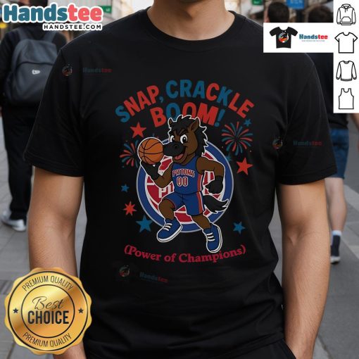 Alt Text: Official Detroit Pistons Snap Crackle Boom Power Of Champions Independence Day T-Shirt in red, white, and blue design.