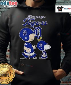 Official Detroit Tigers hoodie featuring 'Here We Go' design inspired by The Peanuts Movie, perfect for fans and cozy wear.