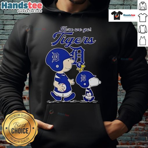 Official Detroit Tigers hoodie featuring 'Here We Go' design inspired by The Peanuts Movie, perfect for fans and cozy wear.
