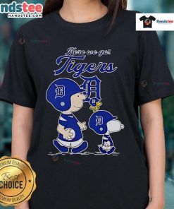 Official Detroit Tigers Here We Go Ladies Tee featuring Peanuts Movie design, perfect for fans and casual wear.