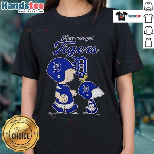 Official Detroit Tigers Here We Go Ladies Tee featuring Peanuts Movie design, perfect for fans and casual wear.