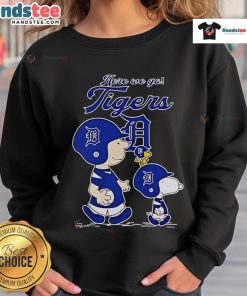 Official Detroit Tigers Here We Go sweatshirt featuring Peanuts Movie design, perfect for fans and casual wear.