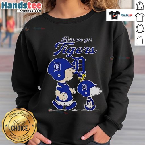 Official Detroit Tigers Here We Go sweatshirt featuring Peanuts Movie design, perfect for fans and casual wear.